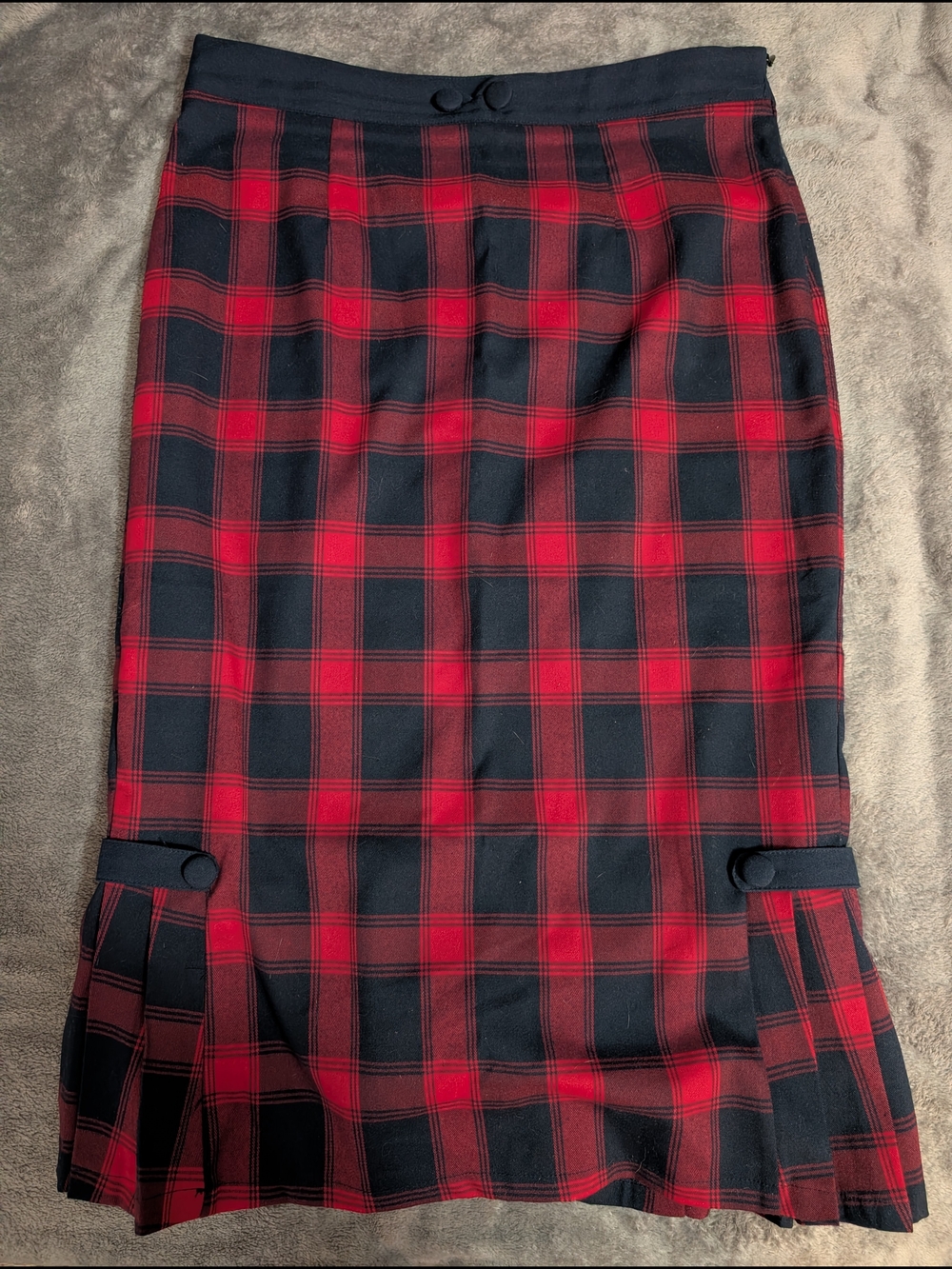 Voodoo Vixen Red & Navy Plaid Pencil Skirt with Pleated Hem